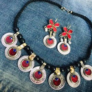 Afghan Tribal Vintage Coins Jewelry Set, Necklace With Earrings, Glass Stones